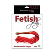 Rouge Fetish Play Vegan Wooden Handle Flogger Red packaging featuring a red flogger with a wooden handle.
