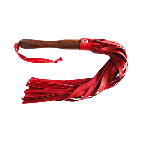 Rouge Fetish Play Vegan Wooden Handle Flogger Red with soft faux leather tails and sturdy wooden handle.