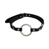 Rouge Fetish Play Vegan O-Ring Gag Black made of faux leather with a metal O-ring for roleplay scenarios.