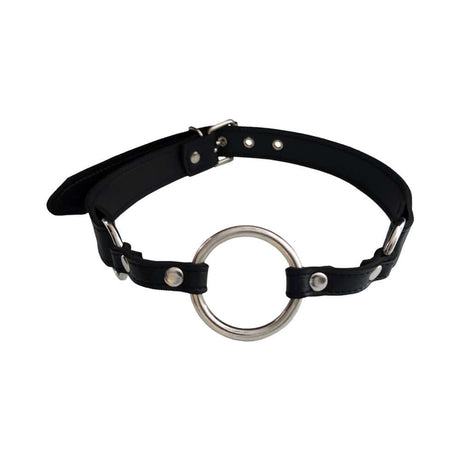 Rouge Fetish Play Vegan O-Ring Gag Black made of faux leather with a metal O-ring for roleplay scenarios.