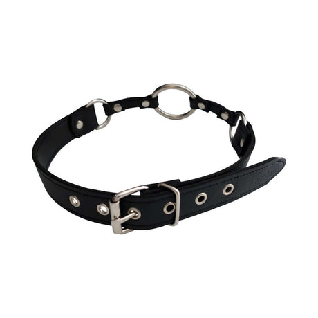 Rouge Fetish Play Vegan O-Ring Gag Black - sleek black faux leather gag with adjustable buckle and O-ring design for bondage play.