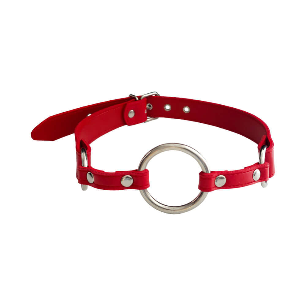 Rouge Fetish Play Vegan O-Ring Gag Red featuring a durable red faux leather design with a metallic O-ring.