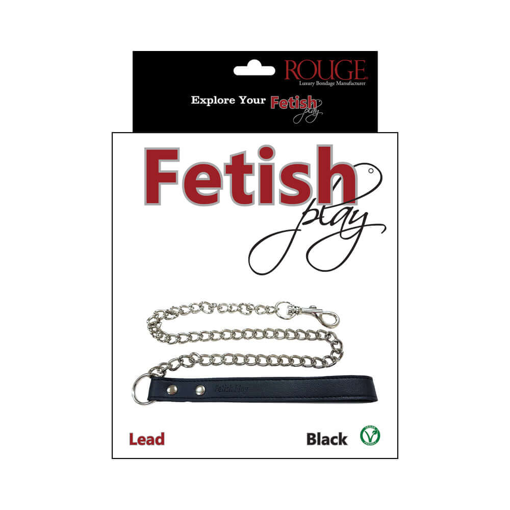 Rouge Fetish Play Vegan Leash Black on packaging with chain and faux leather design.