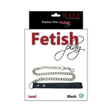 Rouge Fetish Play Vegan Leash Black on packaging with chain and faux leather design.