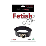 Rouge Fetish Play Vegan Collar Black displayed in packaging, showcasing the sleek design and shiny buckle for restraint scenarios.