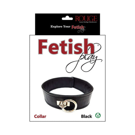 Rouge Fetish Play Vegan Collar Black displayed in packaging, showcasing the sleek design and shiny buckle for restraint scenarios.