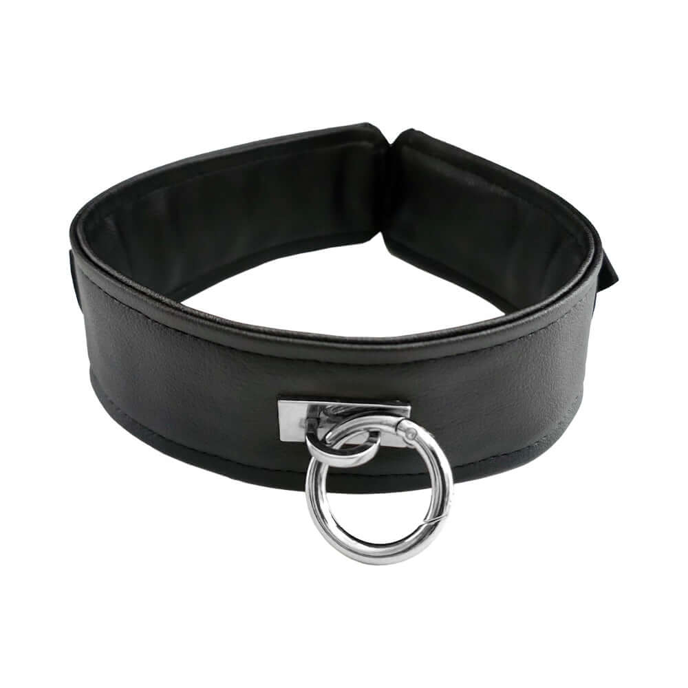 Rouge Fetish Play Vegan Collar Black made of soft faux leather with a shiny metal ring for restraint and roleplay.