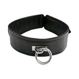 Rouge Fetish Play Vegan Collar Black made of soft faux leather with a shiny metal ring for restraint and roleplay.