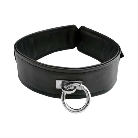 Rouge Fetish Play Vegan Collar Black made of soft faux leather with a shiny metal ring for restraint and roleplay.