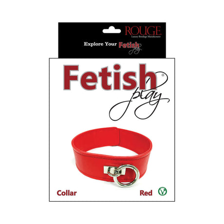 Rouge Fetish Play Vegan Collar Red packaging showcases a bold red collar designed for restraint and roleplay scenarios.
