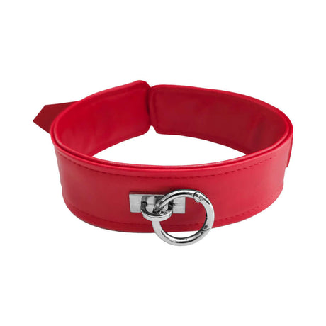 Rouge Fetish Play Vegan Collar Red made of soft faux leather with a silver ring, perfect for restraint and roleplay scenarios.