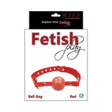 Rouge Fetish Play Vegan Ball Gag Red packaged for bondage and sensory play enthusiasts, featuring durable faux leather.