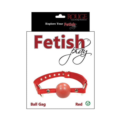Rouge Fetish Play Vegan Ball Gag Red packaged for bondage and sensory play enthusiasts, featuring durable faux leather.
