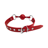 Rouge Fetish Play Vegan Ball Gag Red featuring a stylish red faux leather design with silver studs and adjustable buckle.