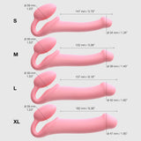 Strap-On-Me Silicone Bendable Strapless Pink Small with size and dimension details for S, M, L, and XL options.
