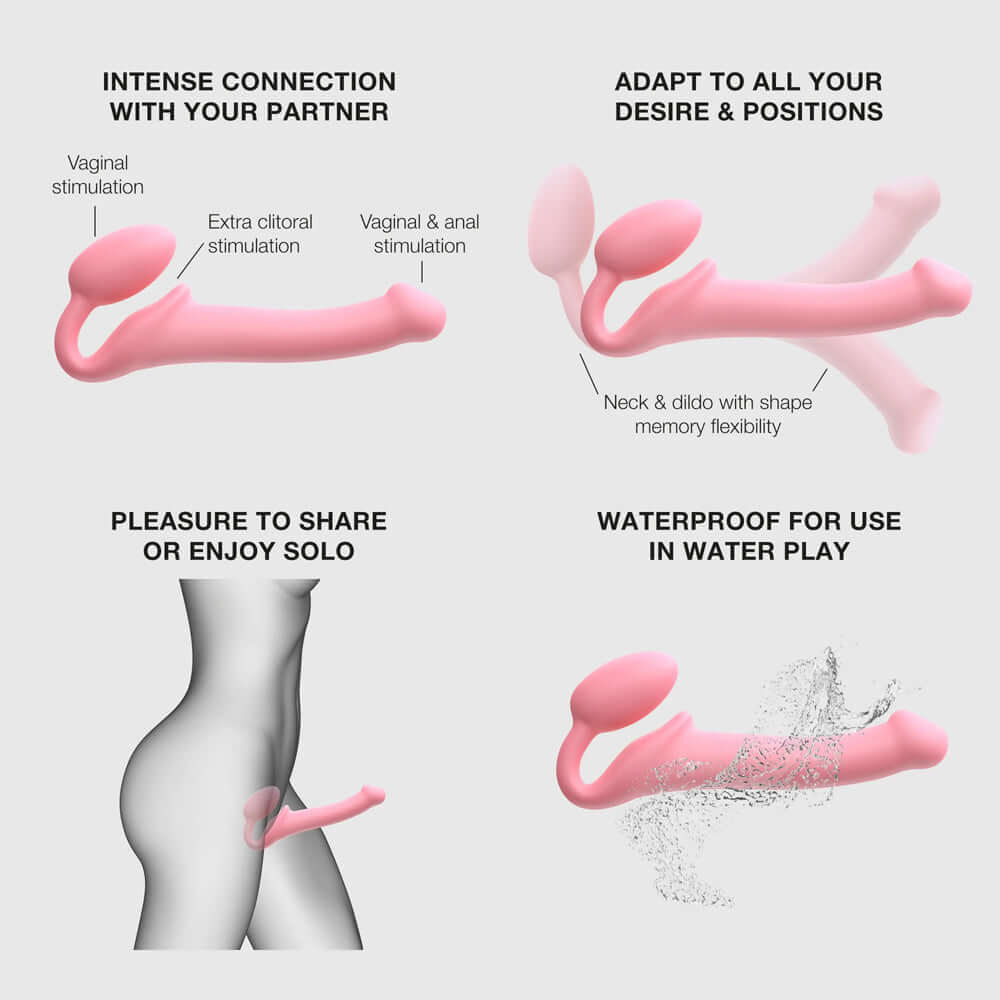 Features of Strap-On-Me Silicone Bendable Strapless Strap-On Pink Large including flexibility and waterproof design.