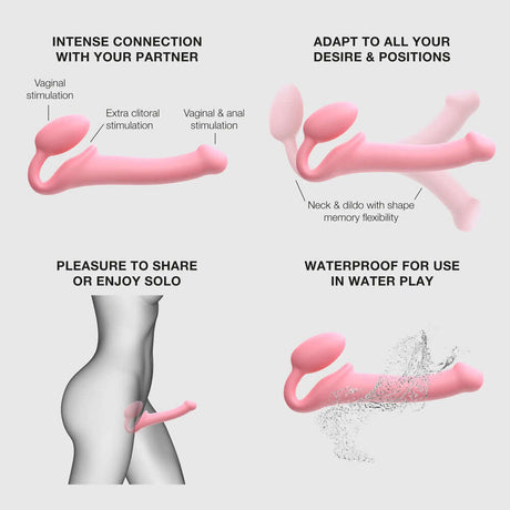Features of Strap-On-Me Silicone Bendable Strapless Strap-On Pink Large including flexibility and waterproof design.
