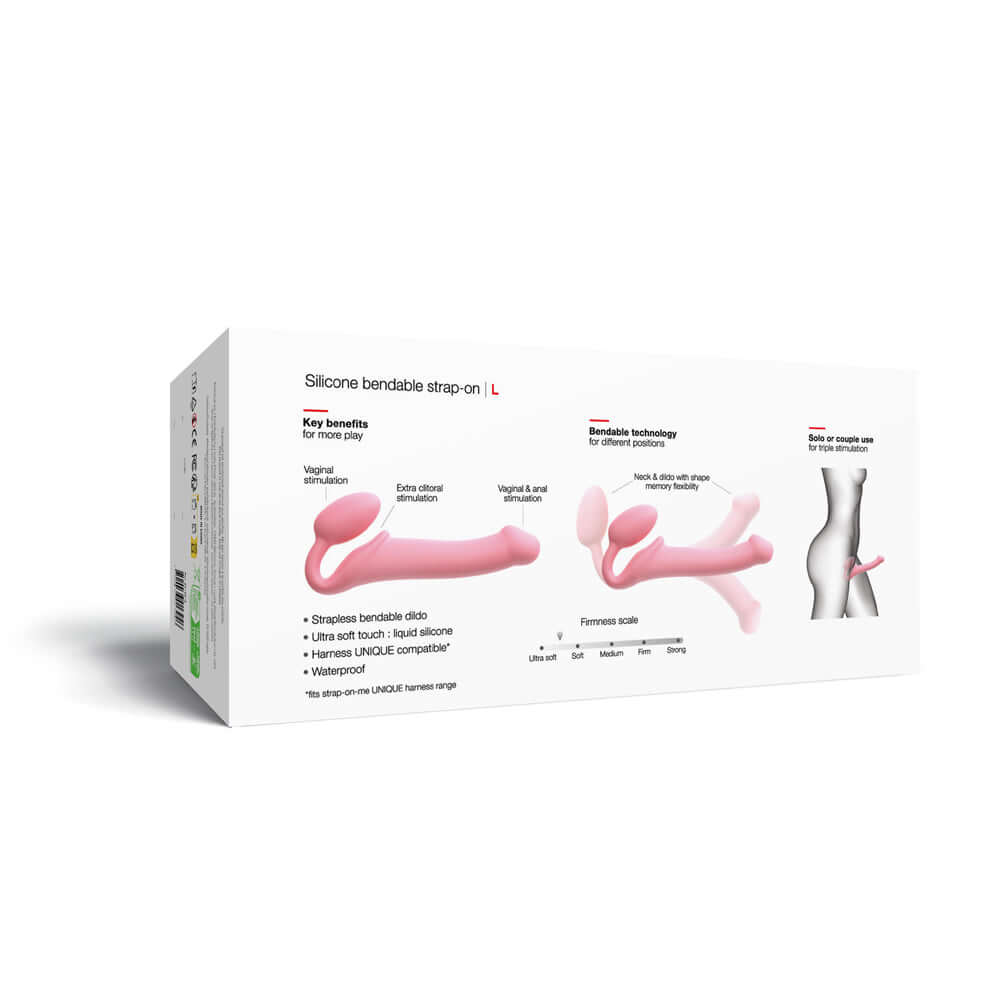Silicone Bendable Strap-On design features and benefits, highlighting Strap-On-Me Silicone Bendable Strapless Strap-On Pink Large.