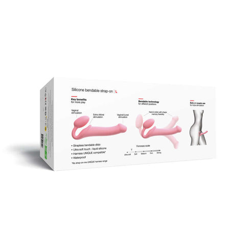 Silicone Bendable Strap-On design features and benefits, highlighting Strap-On-Me Silicone Bendable Strapless Strap-On Pink Large.