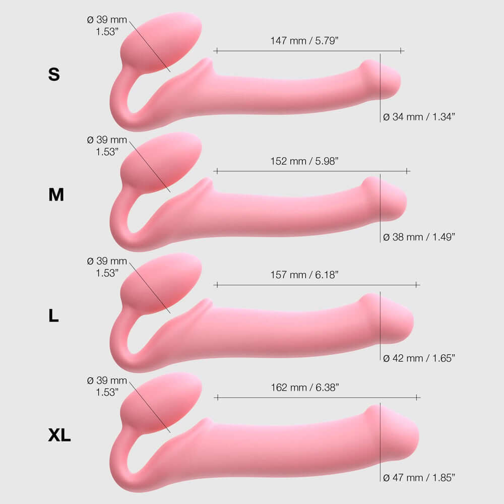 Dimensions of Strap-On-Me Silicone Bendable Strapless Strap-On Pink Medium and sizes S, M, L, XL for comparison.
