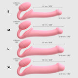 Dimensions of Strap-On-Me Silicone Bendable Strapless Strap-On Pink Medium and sizes S, M, L, XL for comparison.
