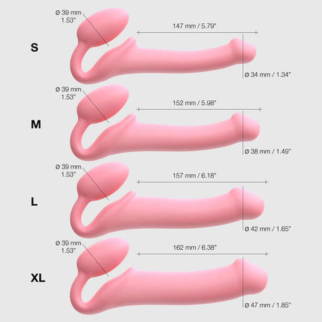 Dimensions of Strap-On-Me Silicone Bendable Strapless Strap-On Pink Medium and sizes S, M, L, XL for comparison.