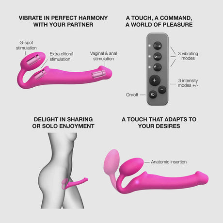 Strap-On-Me Vibrating Bendable Strapless Strap-On Fuchsia Large showcasing its features and remote control for enhanced pleasure.