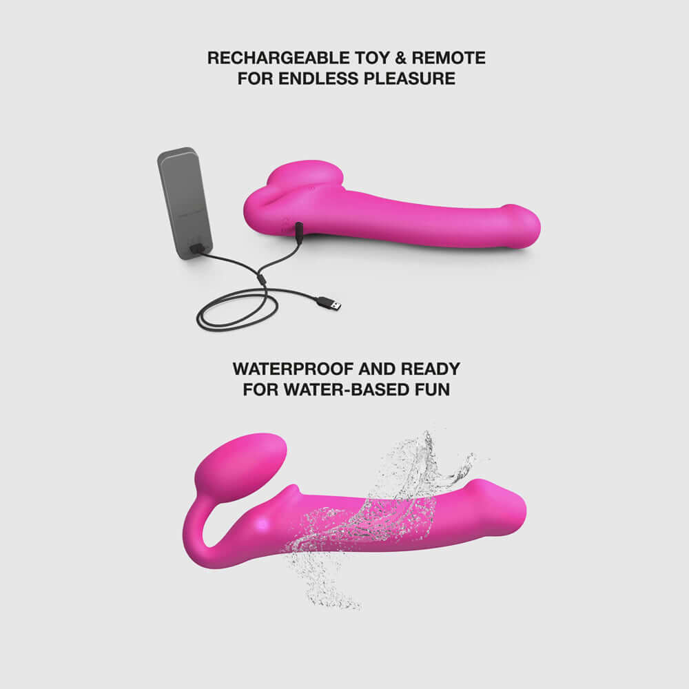 Strap-On-Me Vibrating Bendable Strapless Strap-On Fuchsia Large shown with remote and waterproof features