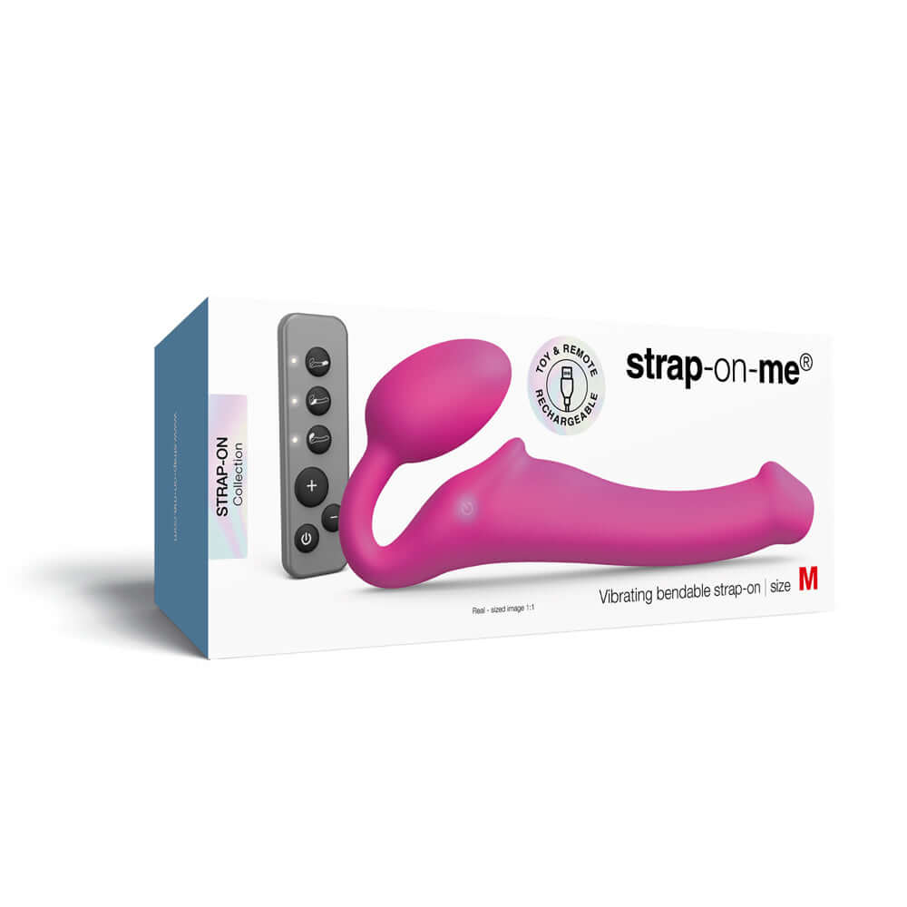 Strap-On-Me Vibrating Bendable Strapless Strap-On Fuchsia Medium packaging showcasing its elegant design and control panel.