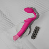 Strap-On-Me Vibrating Bendable Strapless Strap-On Fuchsia Medium with remote on a minimalist background.