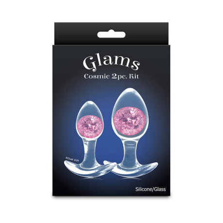 Cosmic Glams Silicone Anal Plug Kit 2pc Set Pink packaging showcasing two anal plugs with pink embellishments.