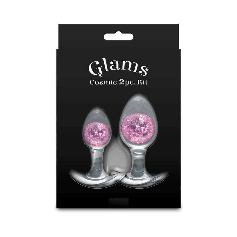 Cosmic Glams Silicone Anal Plug Kit 2pc Set Pink package featuring two glamorous anal plugs.