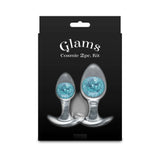 Cosmic Glams Silicone Anal Plug Kit 2pc Set Blue packaging with two silicone plugs featuring blue accents.