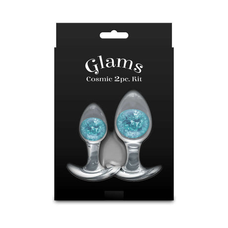 Cosmic Glams Silicone Anal Plug Kit 2pc Set Blue packaging with two silicone plugs featuring blue accents.