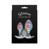 Cosmic Glams Silicone Anal Plug Kit 2pc Set Rainbow featuring two colorful anal plugs in packaging.