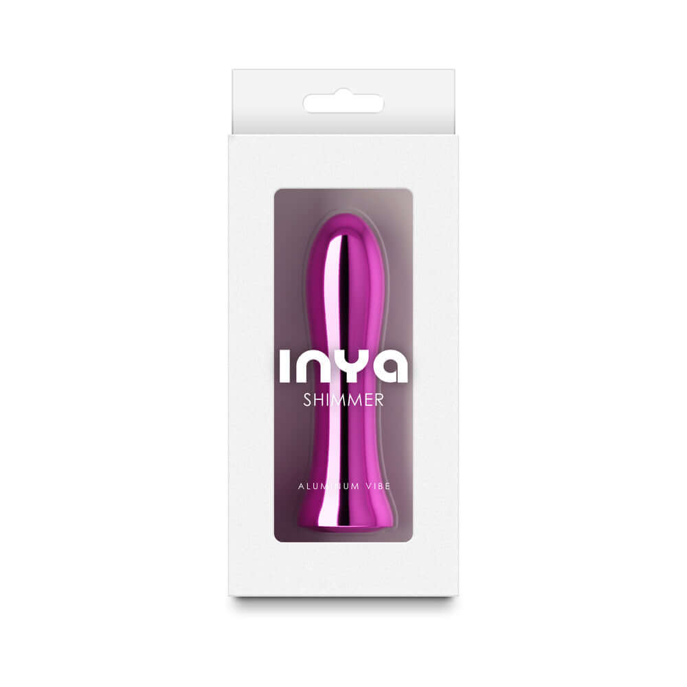 INYA Shimmer Metallic Vibrator Pink in elegant packaging showcasing its sleek design and aluminum finish.