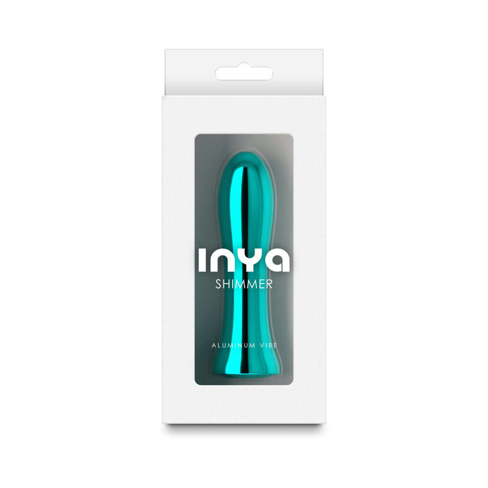 INYA Shimmer Metallic Vibrator Aqua in elegant packaging, showcasing its sleek aluminum design and vibrant aqua color.