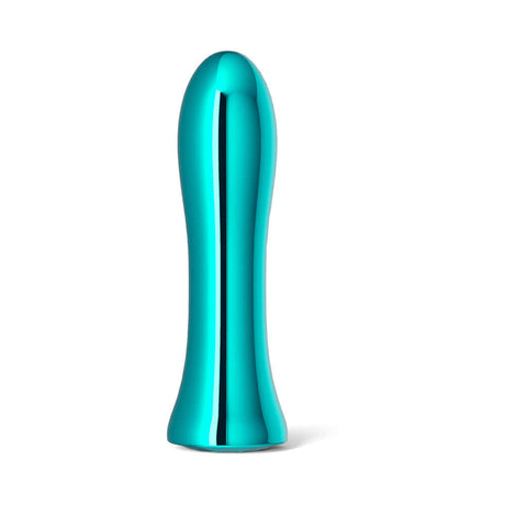 INYA Shimmer Metallic Vibrator Aqua in a sleek, shiny aqua finish, designed for luxurious sensations and refined pleasure.