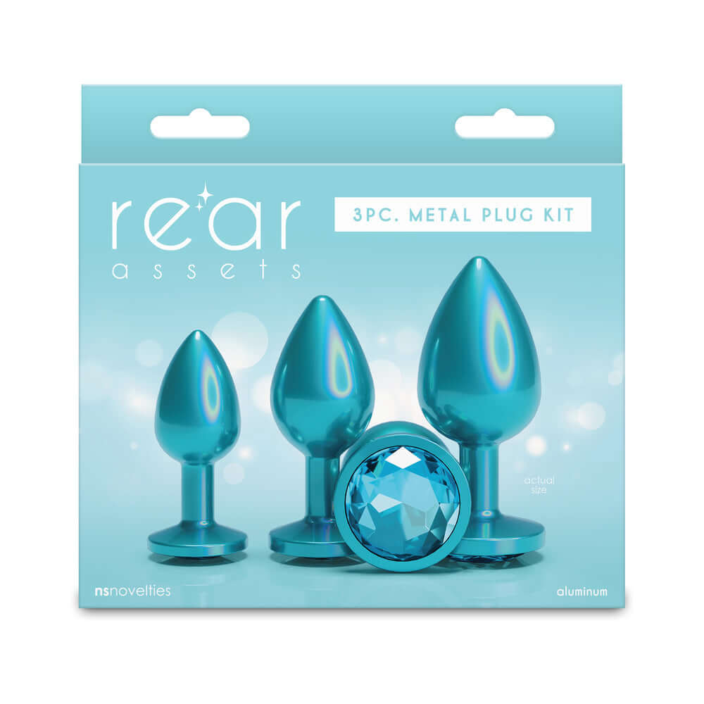Rear Assets Trainer Metal Plug Kit Iridescent Teal featuring three chrome-plated plugs in an attractive teal packaging.