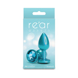 Rear Assets Butt Plug Iridescent Teal Small packaged with stylish design showcasing aluminum finish.