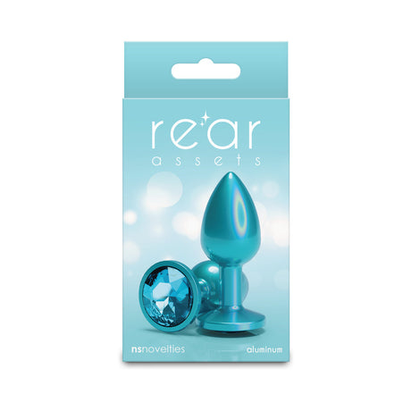 Rear Assets Butt Plug Iridescent Teal Small packaged with stylish design showcasing aluminum finish.
