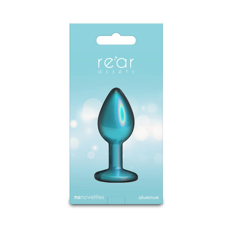 Rear Assets Butt Plug Iridescent Teal Small in packaging, showcasing its sleek design and vibrant teal color.