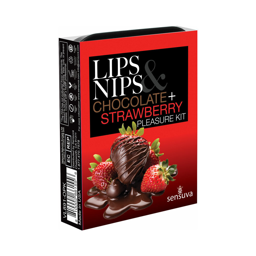 Sensuva Lips and Nips Pleasure Kit Chocolate Strawberry packaging with chocolate-covered strawberries, enticing design.