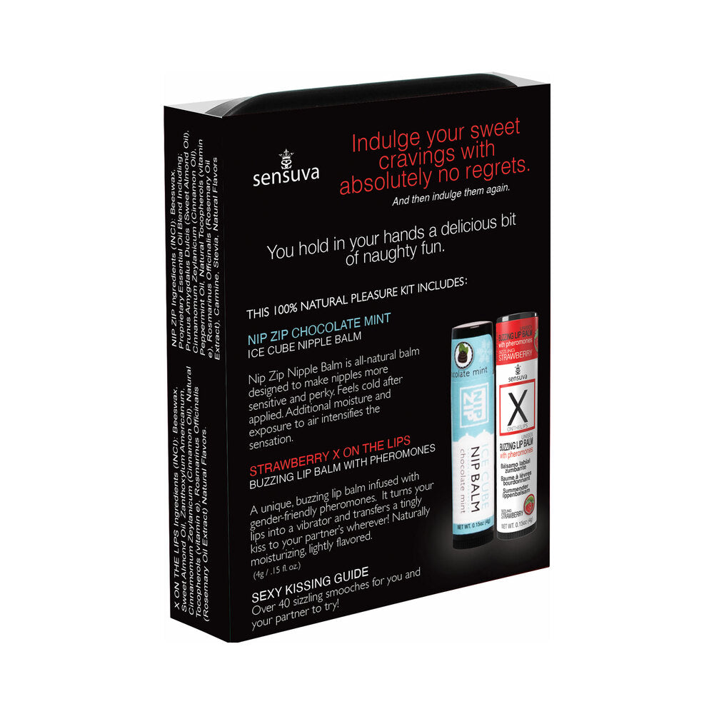 Sensuva Lips and Nips Pleasure Kit Chocolate Strawberry with nipple balms and kissing guide.