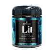 Sensuva Lit Sweet Temptation Luxury Massage Candle 4 Oz in a decorative jar with a blue design.