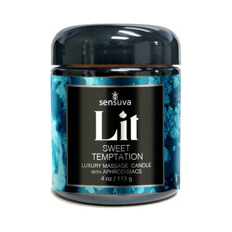 Sensuva Lit Sweet Temptation Luxury Massage Candle 4 Oz in a decorative jar with a blue design.