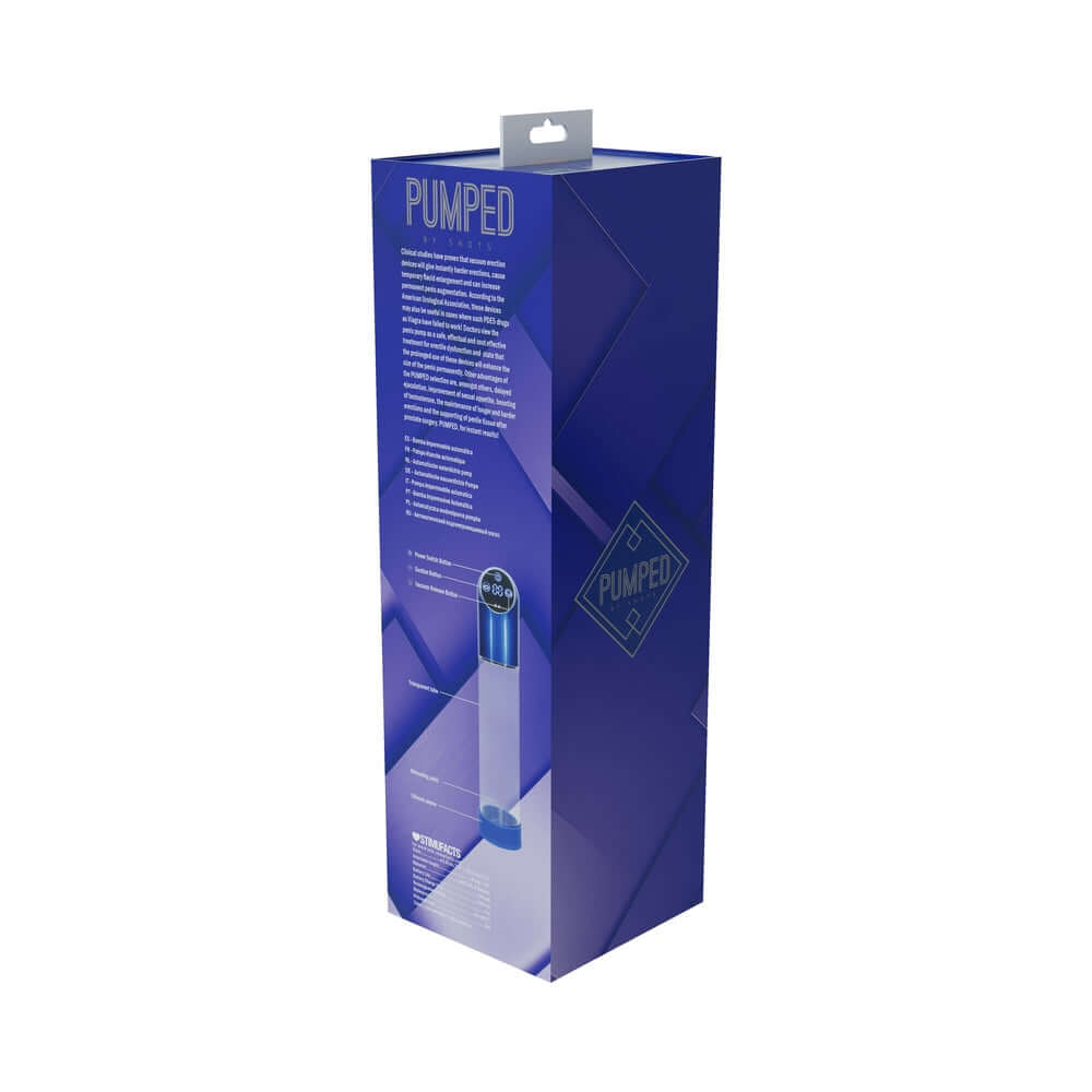 PUMPED Automatic Waterproof Metal Blue product packaging featuring sleek design and product information.