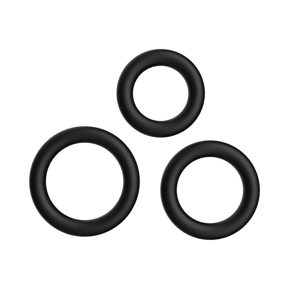 Forto F-39 Trio Cockring Set Black featuring three stretchable silicone rings for comfort and support.