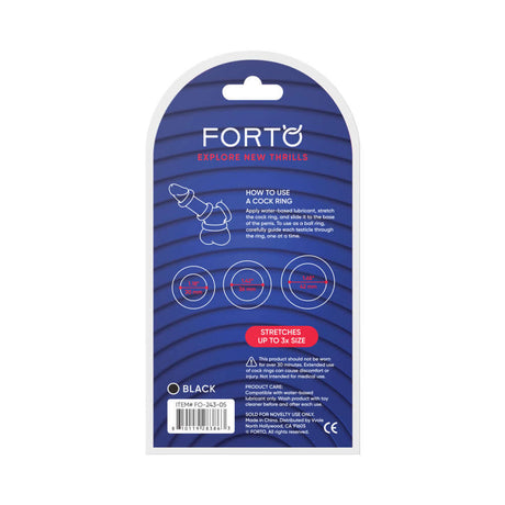 Forto F-39 Trio Cockring Set Black packaging with usage instructions and product details.