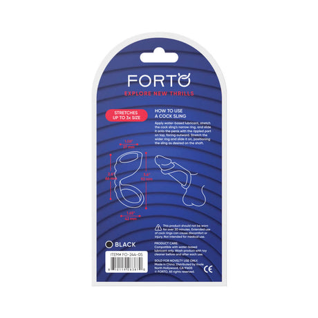 Forto F-45 Textured Bridge Cocksling Black packaging with usage instructions and dimensions.
